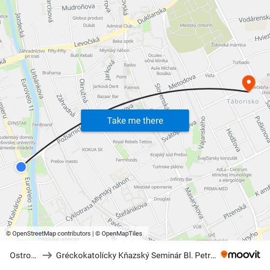 Ostrovček to Gréckokatolícky Kňazský Seminár Bl. Petra Pavla Gojdiča map