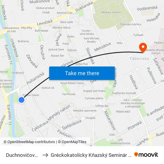 Duchnovičovo Námestie to Gréckokatolícky Kňazský Seminár Bl. Petra Pavla Gojdiča map