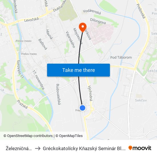 Železničná Stanica to Gréckokatolícky Kňazský Seminár Bl. Petra Pavla Gojdiča map