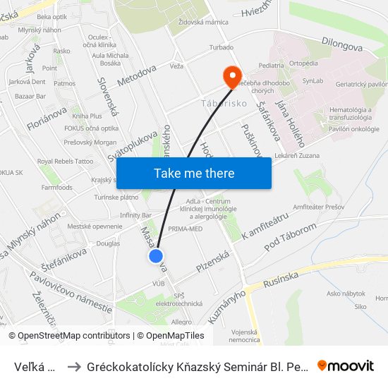 Veľká Pošta to Gréckokatolícky Kňazský Seminár Bl. Petra Pavla Gojdiča map