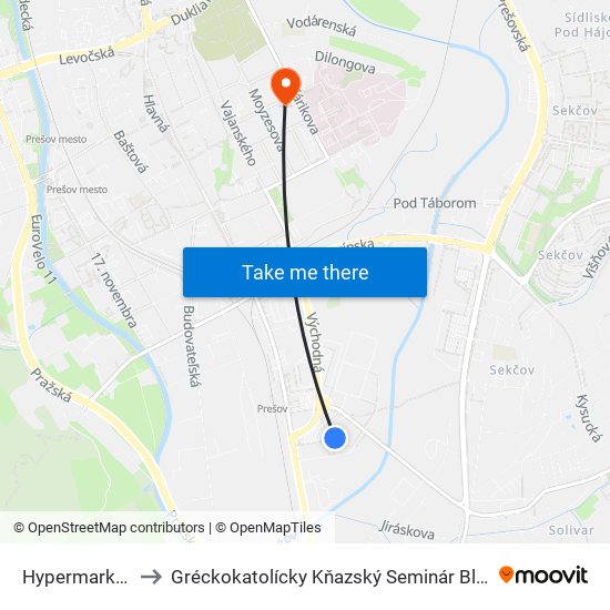 Hypermarket  Tesco to Gréckokatolícky Kňazský Seminár Bl. Petra Pavla Gojdiča map