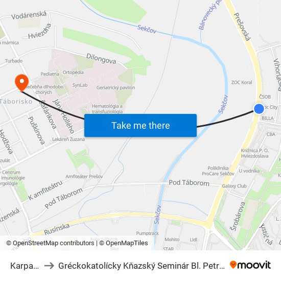 Karpatská to Gréckokatolícky Kňazský Seminár Bl. Petra Pavla Gojdiča map