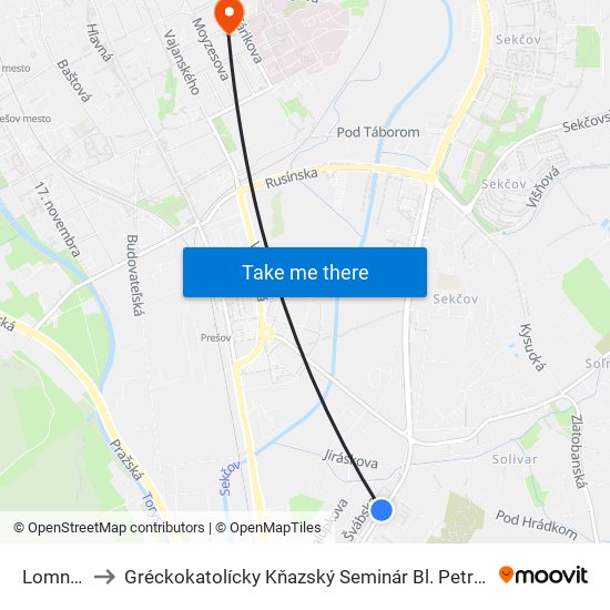 Lomnická to Gréckokatolícky Kňazský Seminár Bl. Petra Pavla Gojdiča map