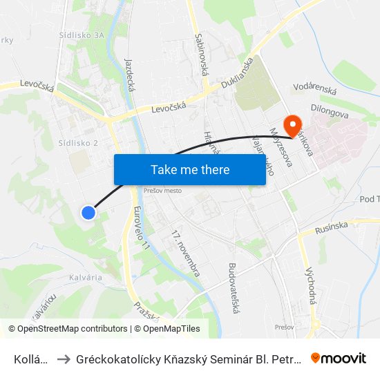 Kollárova to Gréckokatolícky Kňazský Seminár Bl. Petra Pavla Gojdiča map