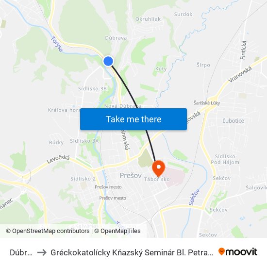 Dúbrava to Gréckokatolícky Kňazský Seminár Bl. Petra Pavla Gojdiča map