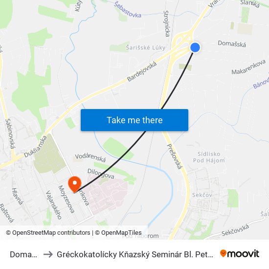 Domašská to Gréckokatolícky Kňazský Seminár Bl. Petra Pavla Gojdiča map