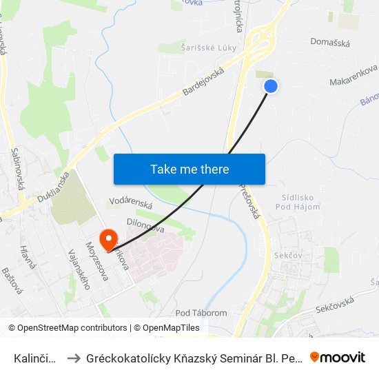 Kalinčiakova to Gréckokatolícky Kňazský Seminár Bl. Petra Pavla Gojdiča map