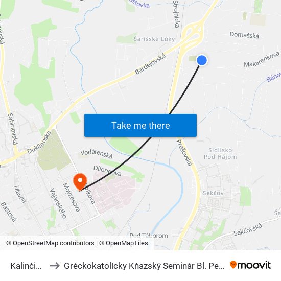 Kalinčiakova to Gréckokatolícky Kňazský Seminár Bl. Petra Pavla Gojdiča map