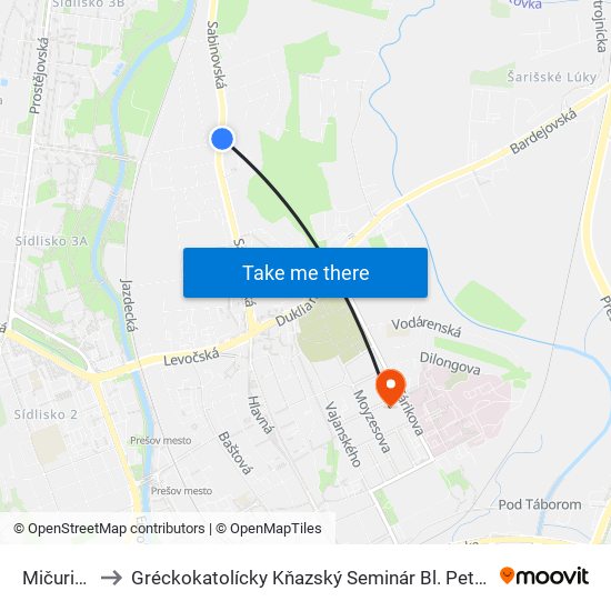 Mičurinova to Gréckokatolícky Kňazský Seminár Bl. Petra Pavla Gojdiča map