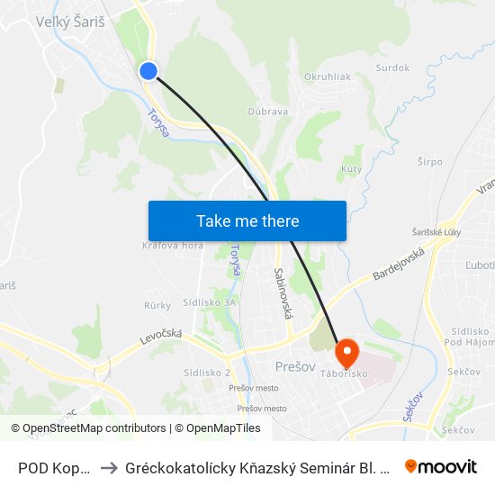 POD Kopaninou to Gréckokatolícky Kňazský Seminár Bl. Petra Pavla Gojdiča map