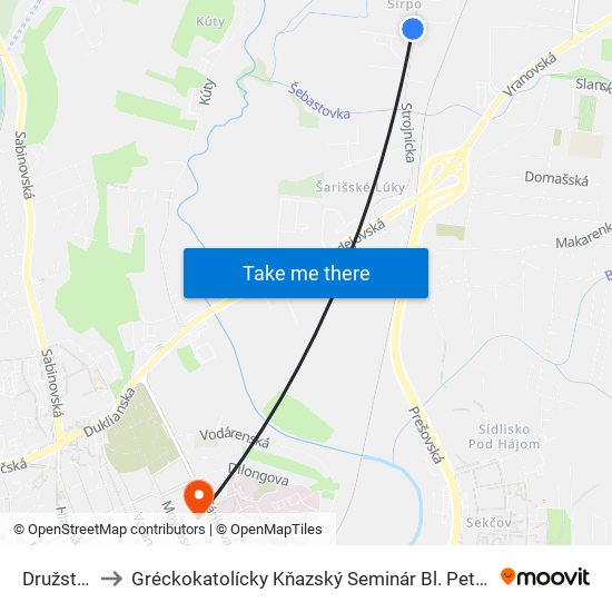 Družstevná to Gréckokatolícky Kňazský Seminár Bl. Petra Pavla Gojdiča map