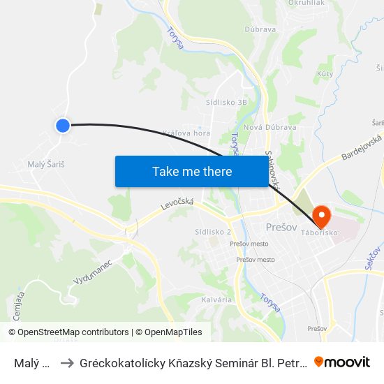 Malý Šariš to Gréckokatolícky Kňazský Seminár Bl. Petra Pavla Gojdiča map