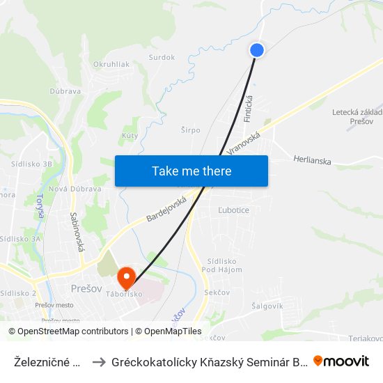 Železničné Priecestie to Gréckokatolícky Kňazský Seminár Bl. Petra Pavla Gojdiča map