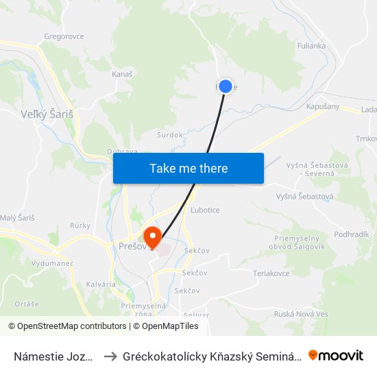 Námestie Jozefa Kolarčíka to Gréckokatolícky Kňazský Seminár Bl. Petra Pavla Gojdiča map