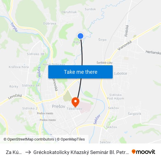 Za Kútami to Gréckokatolícky Kňazský Seminár Bl. Petra Pavla Gojdiča map