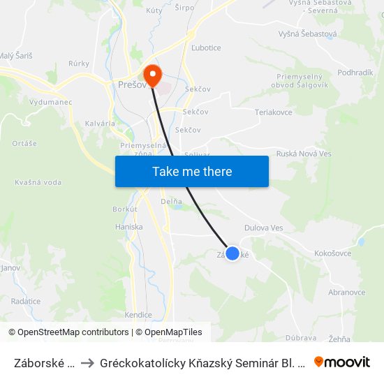 Záborské - Stred to Gréckokatolícky Kňazský Seminár Bl. Petra Pavla Gojdiča map