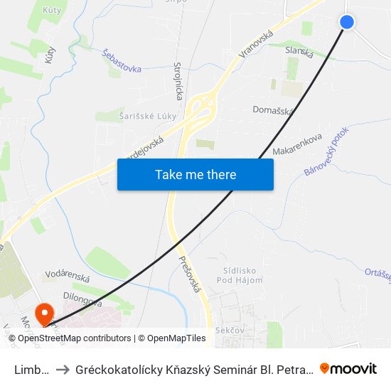 Limbova to Gréckokatolícky Kňazský Seminár Bl. Petra Pavla Gojdiča map