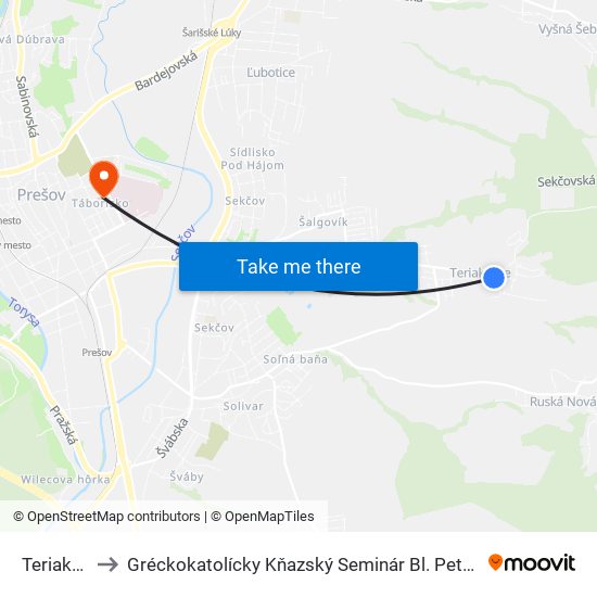 Teriakovce to Gréckokatolícky Kňazský Seminár Bl. Petra Pavla Gojdiča map