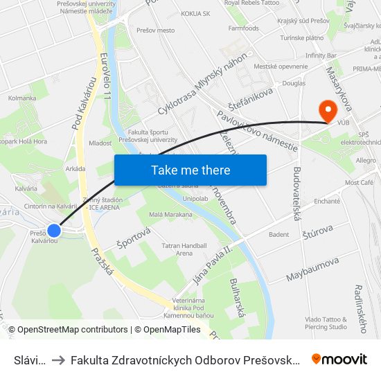 Slávičia to Fakulta Zdravotníckych Odborov Prešovskej Univerzity map