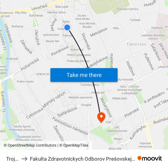 Trojica to Fakulta Zdravotníckych Odborov Prešovskej Univerzity map