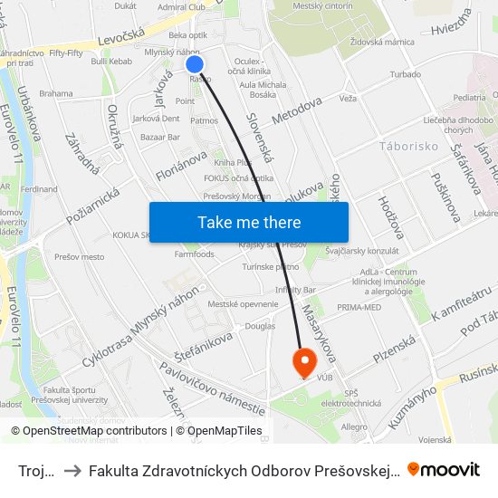 Trojica to Fakulta Zdravotníckych Odborov Prešovskej Univerzity map