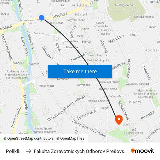 Poliklinika to Fakulta Zdravotníckych Odborov Prešovskej Univerzity map