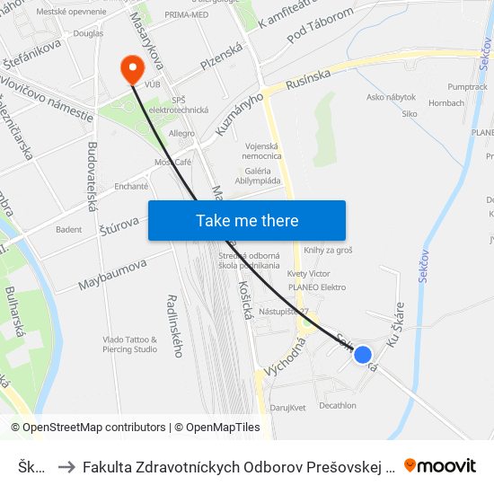 Škára to Fakulta Zdravotníckych Odborov Prešovskej Univerzity map