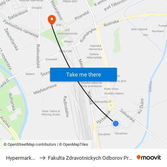 Hypermarket  Tesco to Fakulta Zdravotníckych Odborov Prešovskej Univerzity map