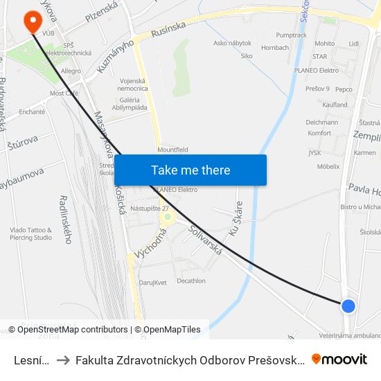 Lesnícka to Fakulta Zdravotníckych Odborov Prešovskej Univerzity map