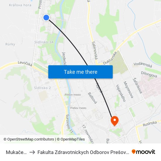 Mukačevská to Fakulta Zdravotníckych Odborov Prešovskej Univerzity map