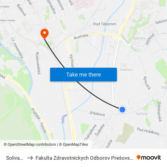 Solivarská to Fakulta Zdravotníckych Odborov Prešovskej Univerzity map