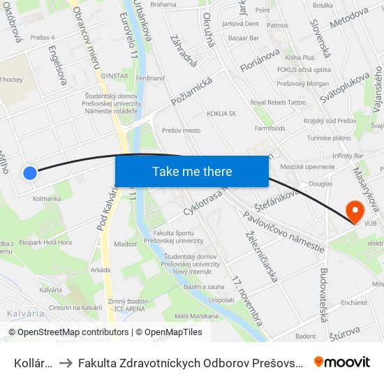 Kollárova to Fakulta Zdravotníckych Odborov Prešovskej Univerzity map