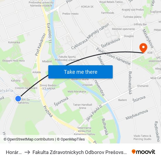 Horárska to Fakulta Zdravotníckych Odborov Prešovskej Univerzity map