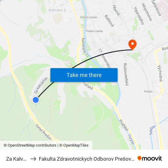 Za Kalváriou to Fakulta Zdravotníckych Odborov Prešovskej Univerzity map