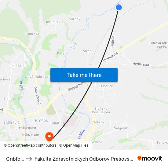 Gribľovec to Fakulta Zdravotníckych Odborov Prešovskej Univerzity map