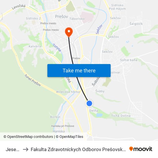 Jesenná to Fakulta Zdravotníckych Odborov Prešovskej Univerzity map