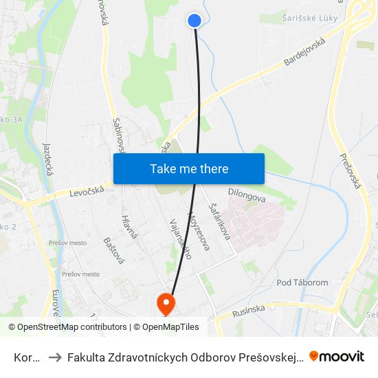 Koryto to Fakulta Zdravotníckych Odborov Prešovskej Univerzity map