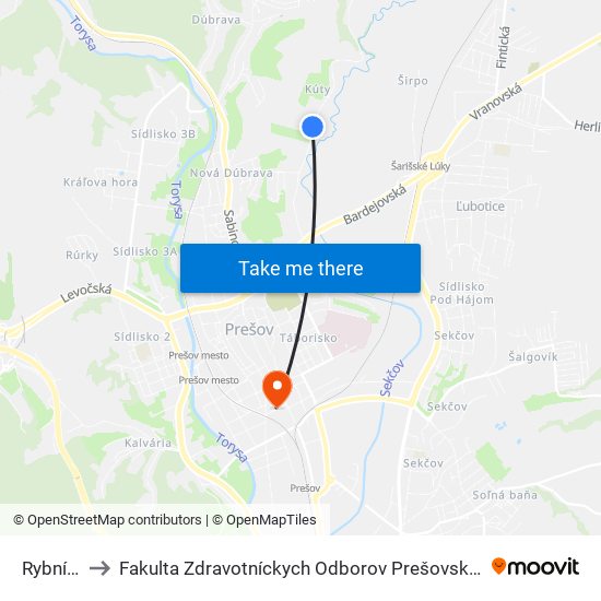 Rybníčky to Fakulta Zdravotníckych Odborov Prešovskej Univerzity map