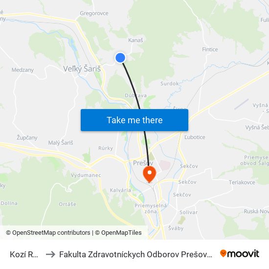 Kozí Rožok to Fakulta Zdravotníckych Odborov Prešovskej Univerzity map