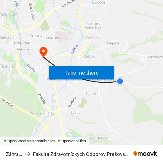 Záhradky to Fakulta Zdravotníckych Odborov Prešovskej Univerzity map