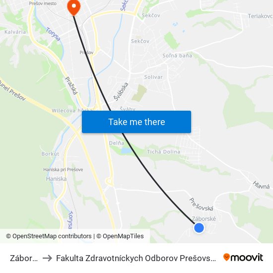 Záborské to Fakulta Zdravotníckych Odborov Prešovskej Univerzity map