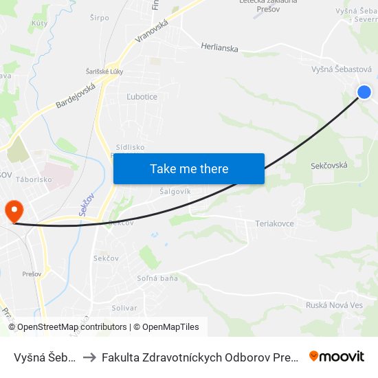 Vyšná Šebastová to Fakulta Zdravotníckych Odborov Prešovskej Univerzity map