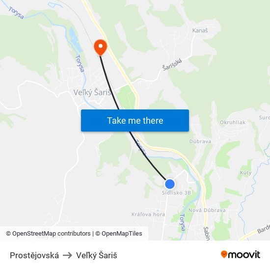 Prostějovská to Veľký Šariš map