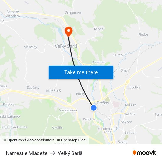 Námestie Mládeže to Veľký Šariš map