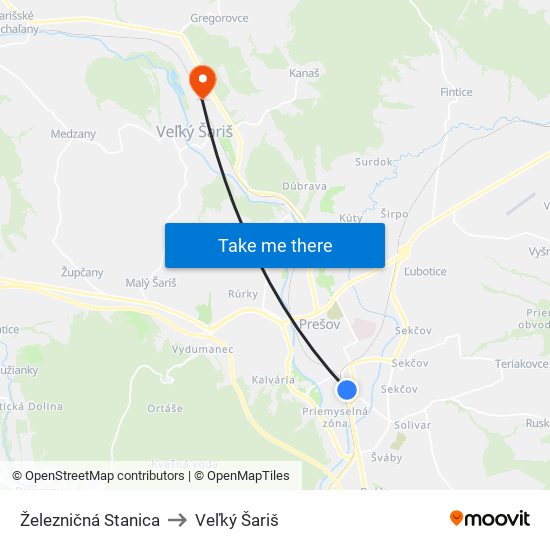 Železničná Stanica to Veľký Šariš map