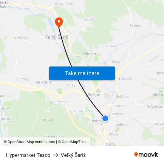 Hypermarket  Tesco to Veľký Šariš map