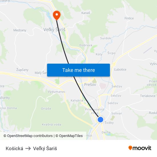 Košická to Veľký Šariš map