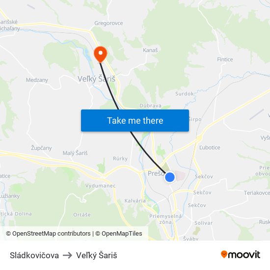 Sládkovičova to Veľký Šariš map