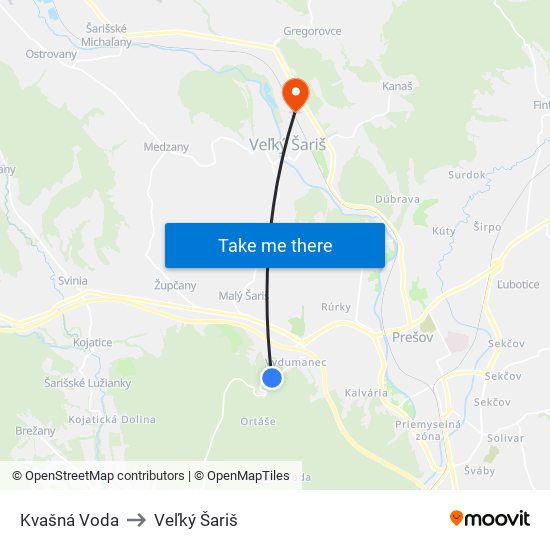 Kvašná Voda to Veľký Šariš map