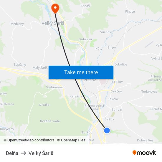 Delňa to Veľký Šariš map